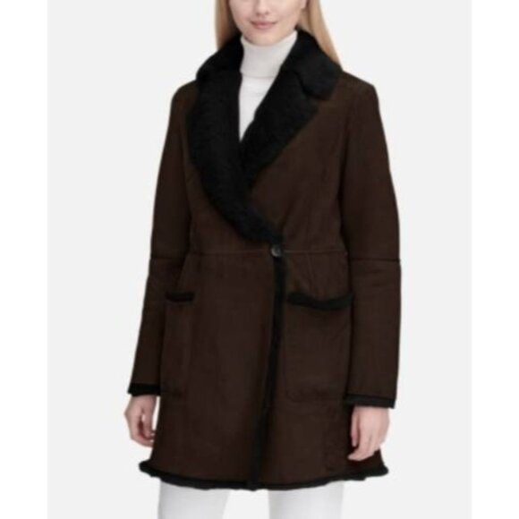 Calvin Klein 100% AUTH Wrap-Front Shearling Coat Dark Brown Size S MSRP $2,495